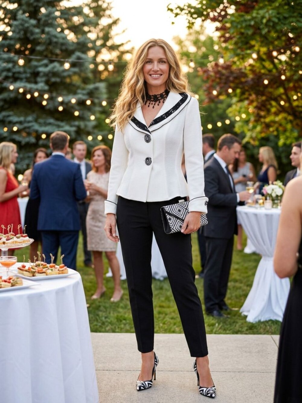 Elegant Women's White Jacket - Black Trim with sequin and crystals S/M